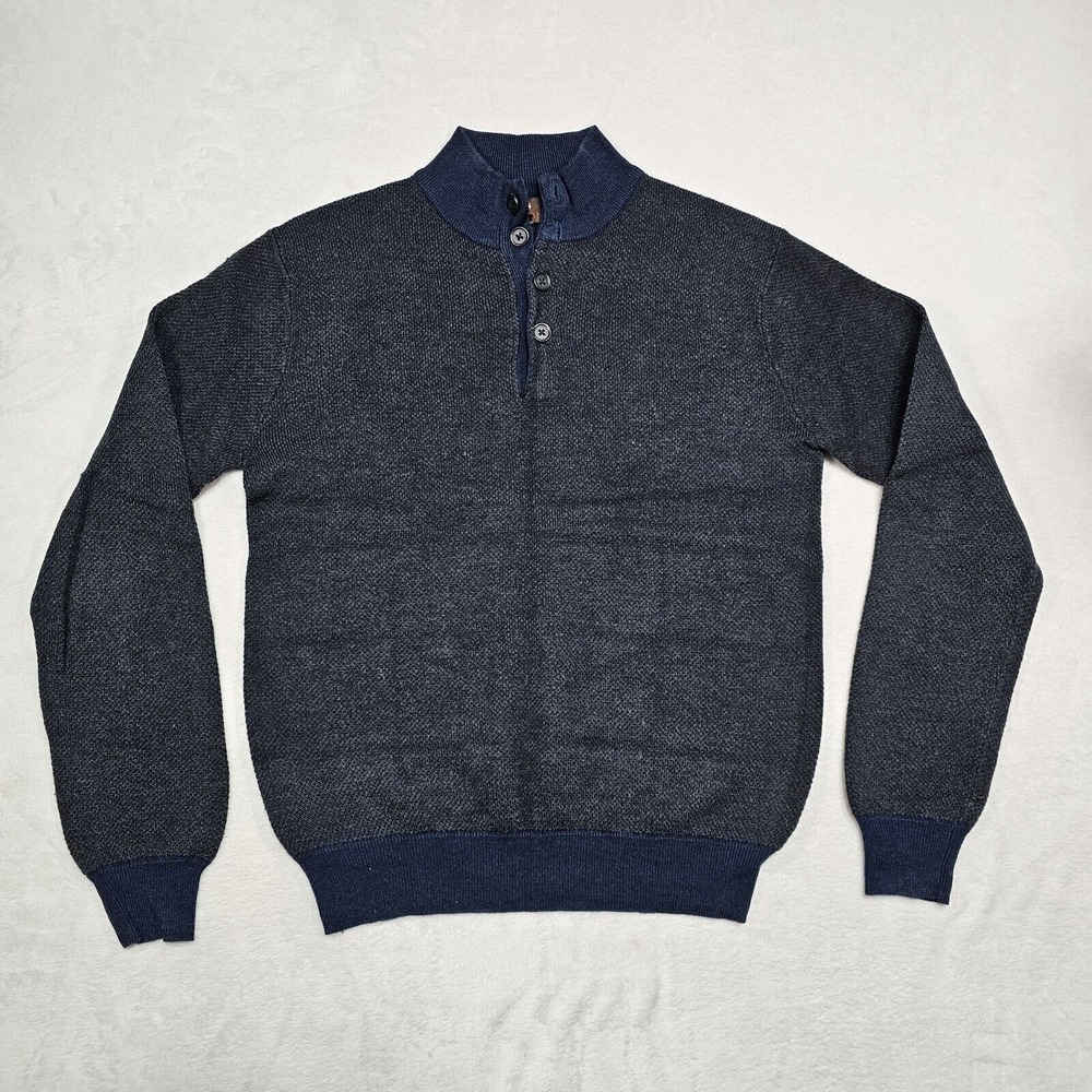 Toscano Sweater Mens M Merino Wool Blend Pullover 1/4 Button Knit Gray Navy
